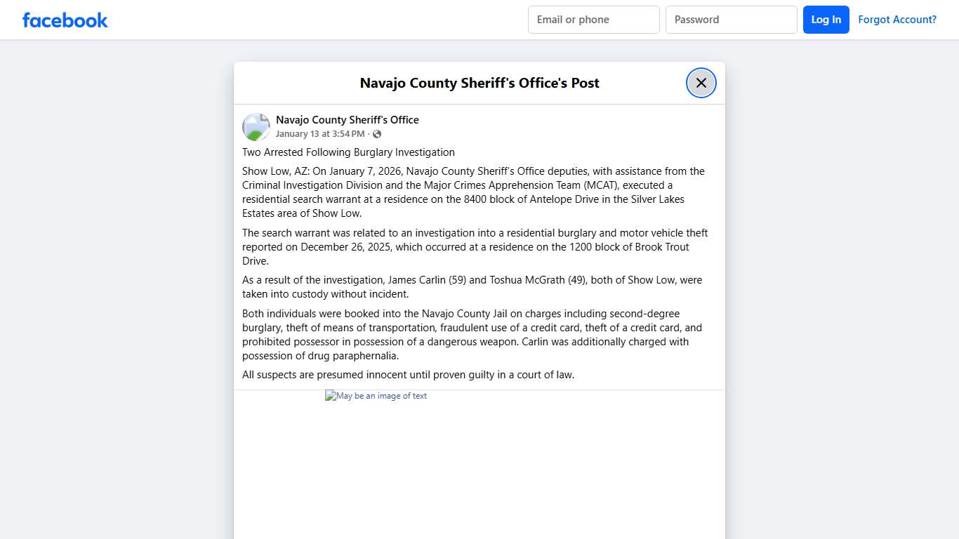 Two Arrested Following... - Navajo County Sheriff's Office Facebook